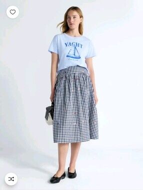 Gingham Midi Skirt with Subtle Embroidery - Navy/White 100 % Cotton